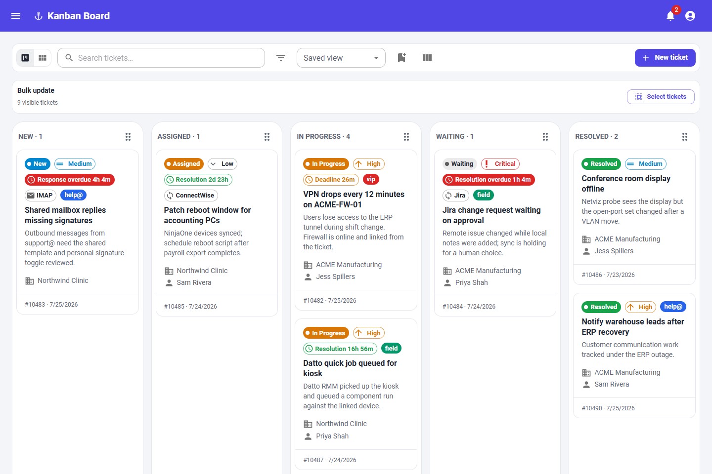 AnchorDesk Kanban board with ticket cards, SLA chips, sync badges, labels, and bulk update controls.