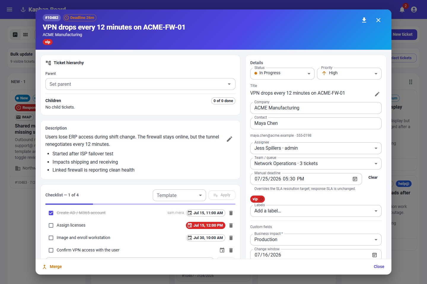AnchorDesk ticket modal showing rich description, activity notes, linked devices, attachments, and ticket metadata.