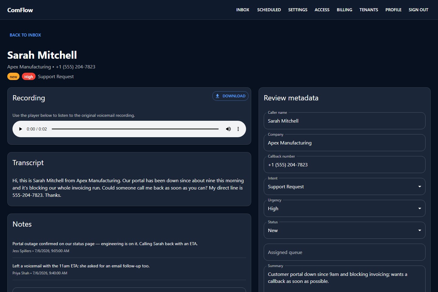 ComFlow call detail: recording player with download, full transcript, team notes, and an editable review-metadata form with intent, urgency, and status.