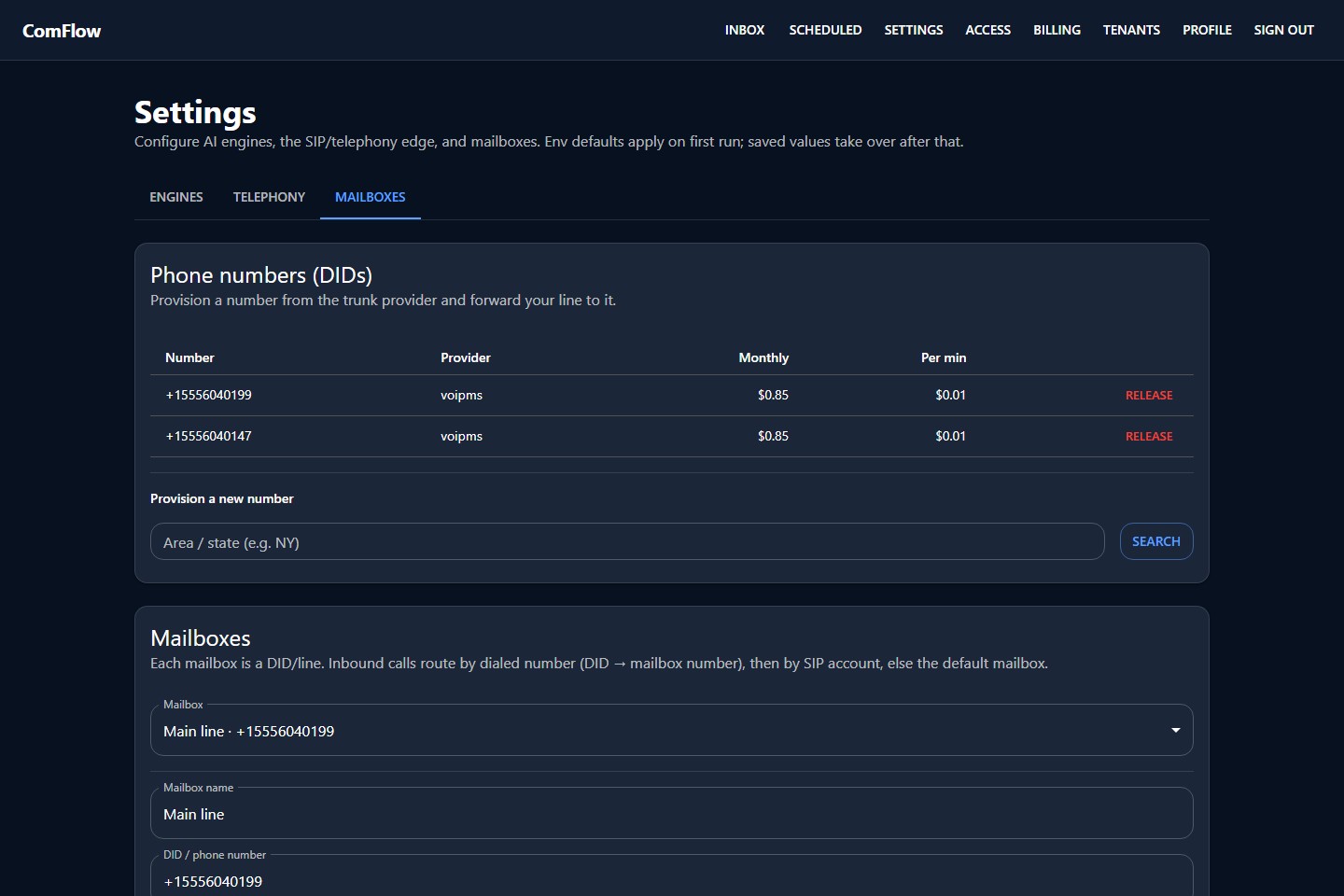 ComFlow settings: DID manager with provisioned VoIP.ms numbers, monthly and per-minute pricing, a number search, and mailbox routing configuration.