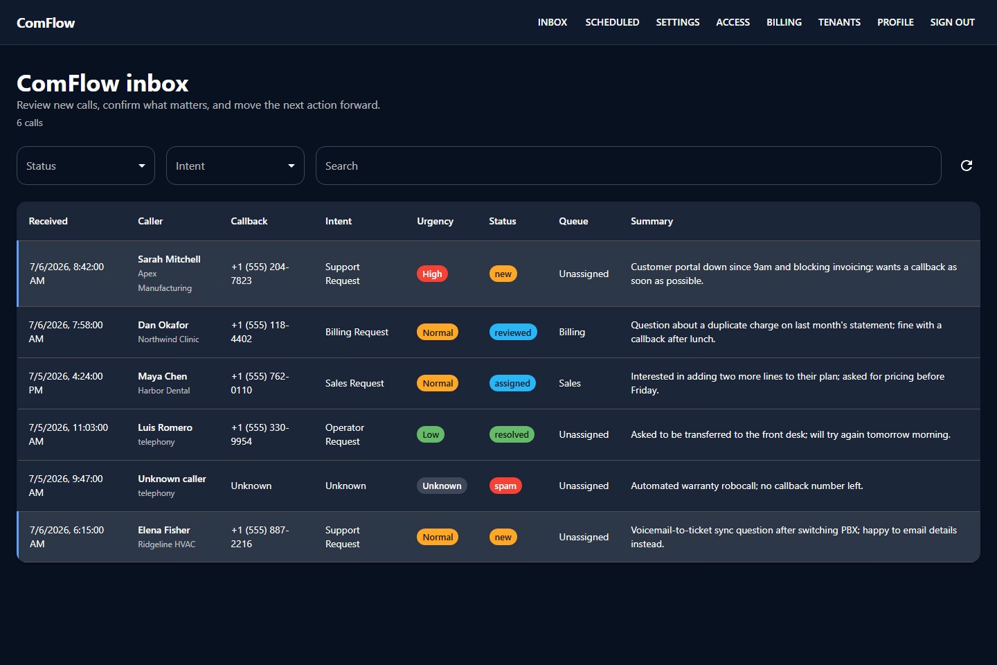 ComFlow golden review inbox: voicemail rows with caller, callback number, intent, urgency and status badges, queue, AI summary, plus status/intent filters and search.