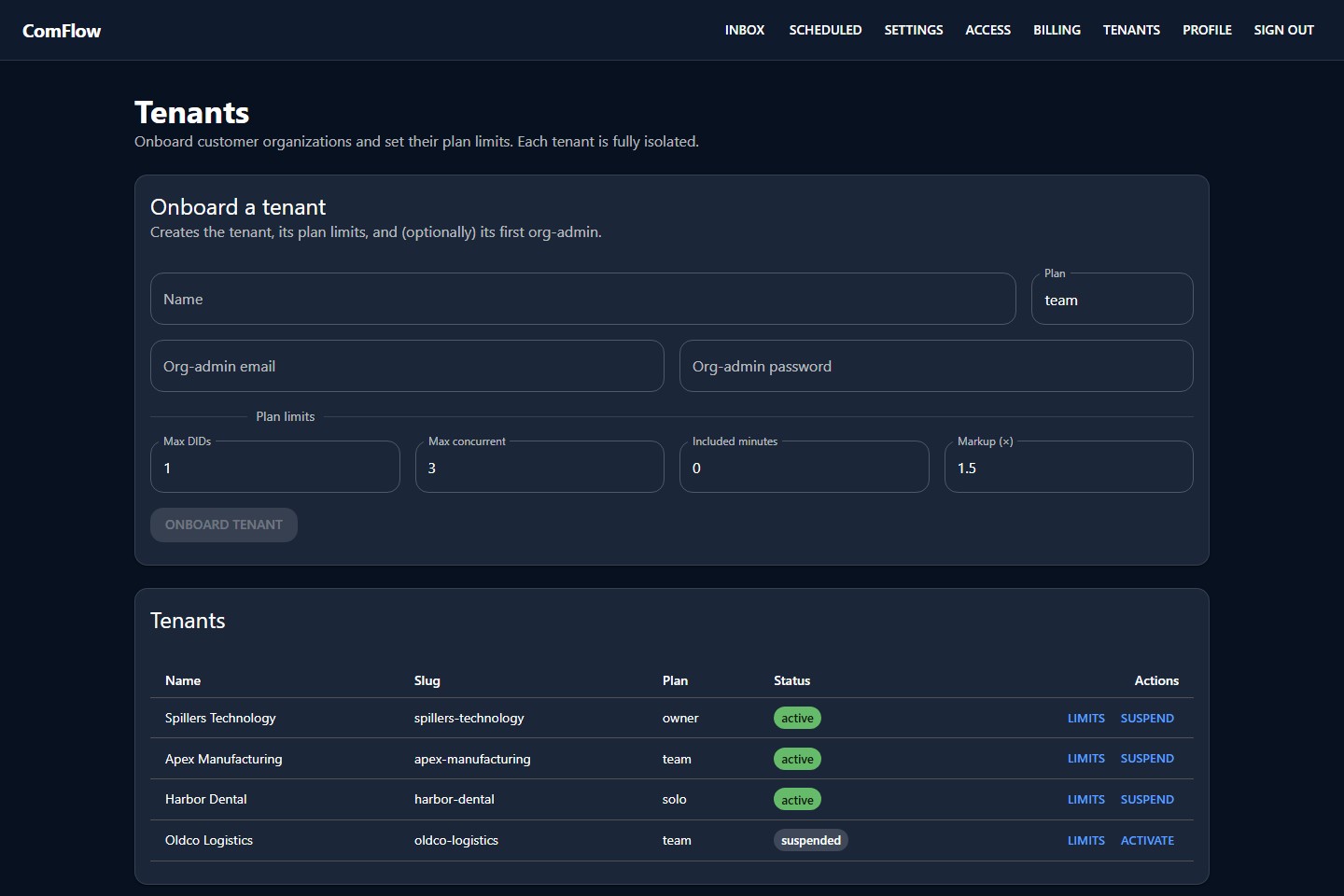 ComFlow owner tenants dashboard: onboard a tenant with plan limits and an org-admin, and a tenant table with plan, status, limits, and suspend/activate actions.