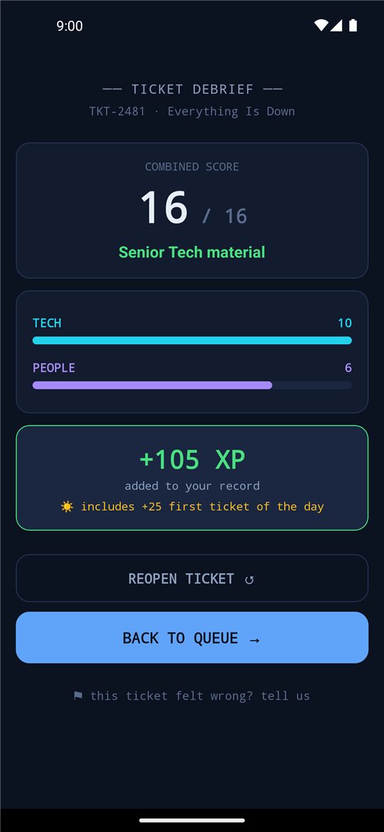 Ticket debrief with combined score, rank, and XP award