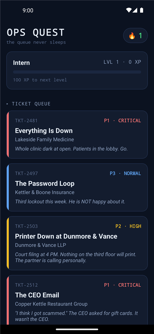 Home screen: streak, XP level, and the ticket queue