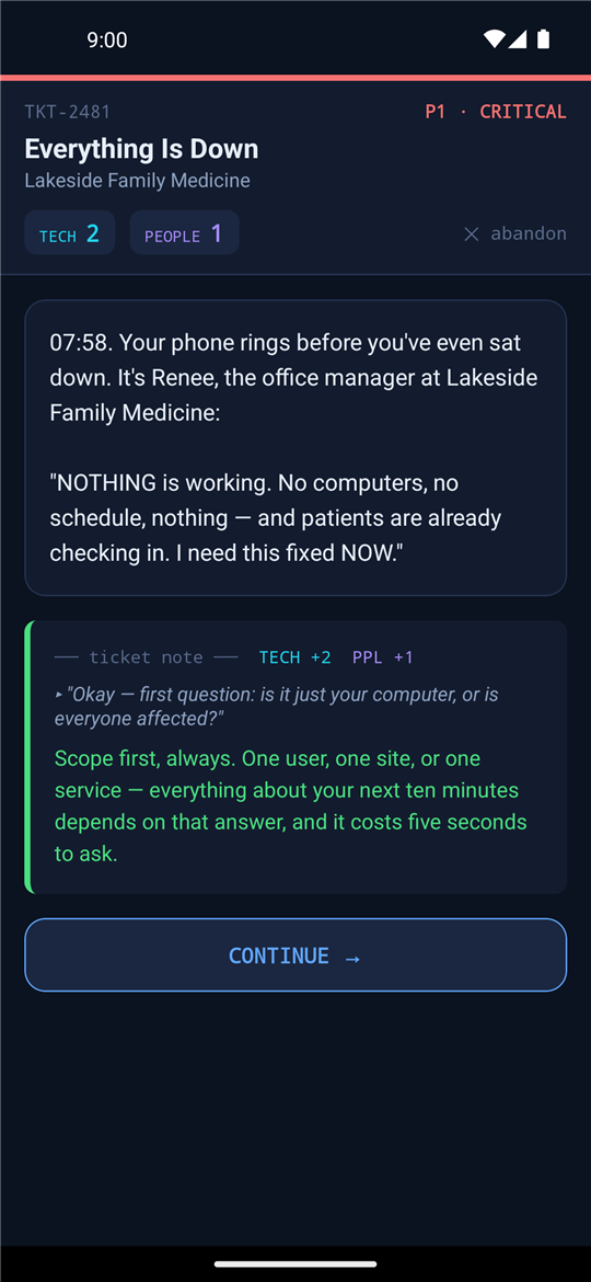 Ticket note feedback after a choice with Tech and People points