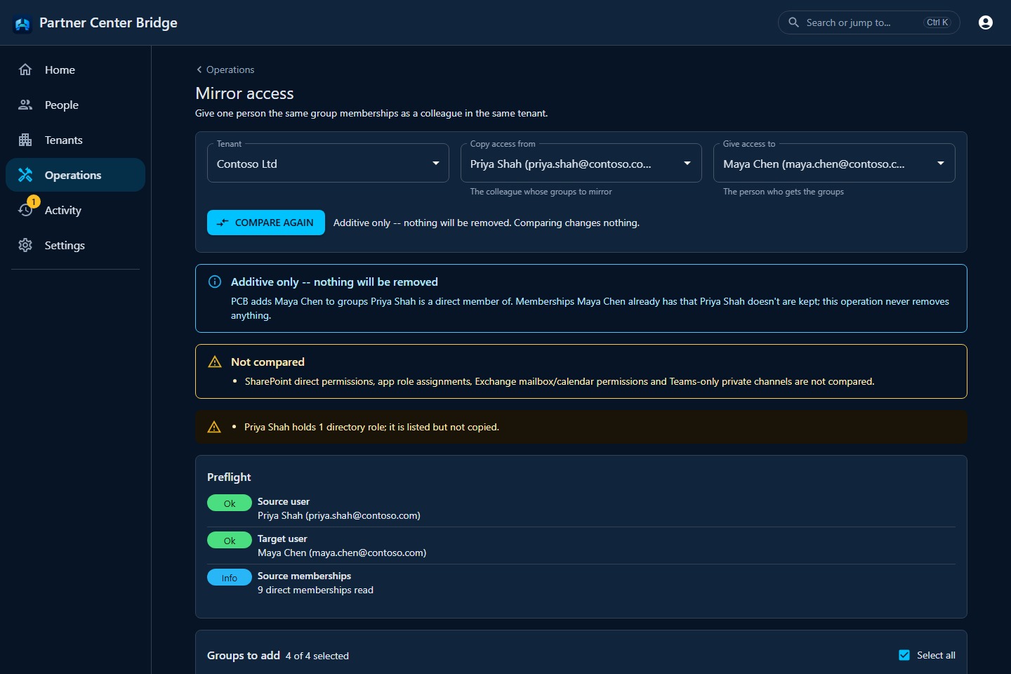 Mirror access screen comparing two Contoso users, with an additive-only notice, a not-compared list, preflight checks and a list of eligible groups to add.
