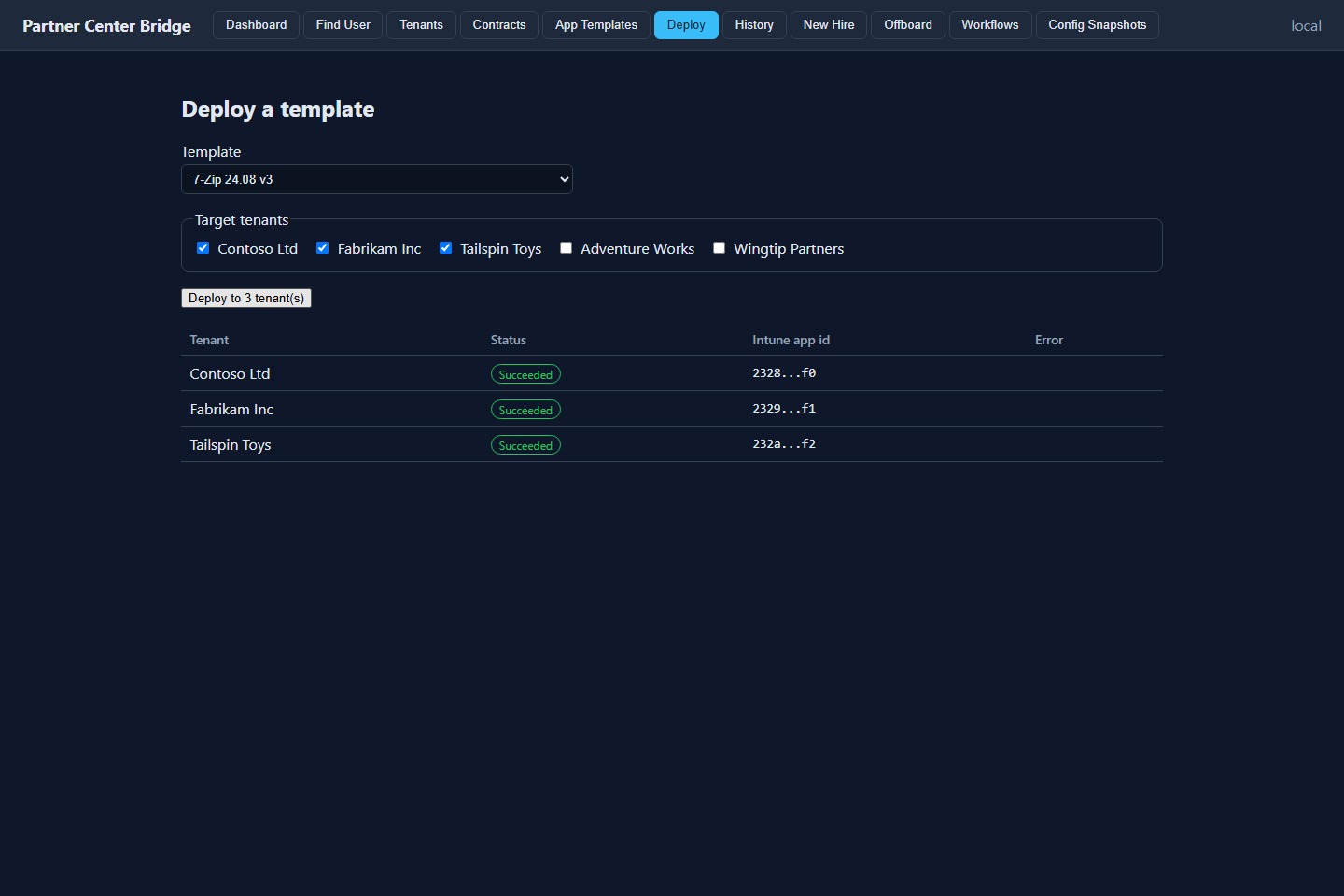 Deploy wizard with a template selected, several target tenants checked, and a per-tenant results table.