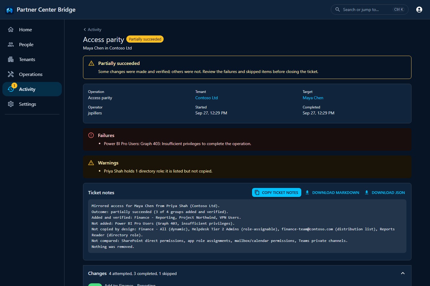 Evidence view for a partially succeeded Access Parity run, with a Failures panel, a Warnings panel, ticket notes ready to copy, and Download Markdown and Download JSON buttons.