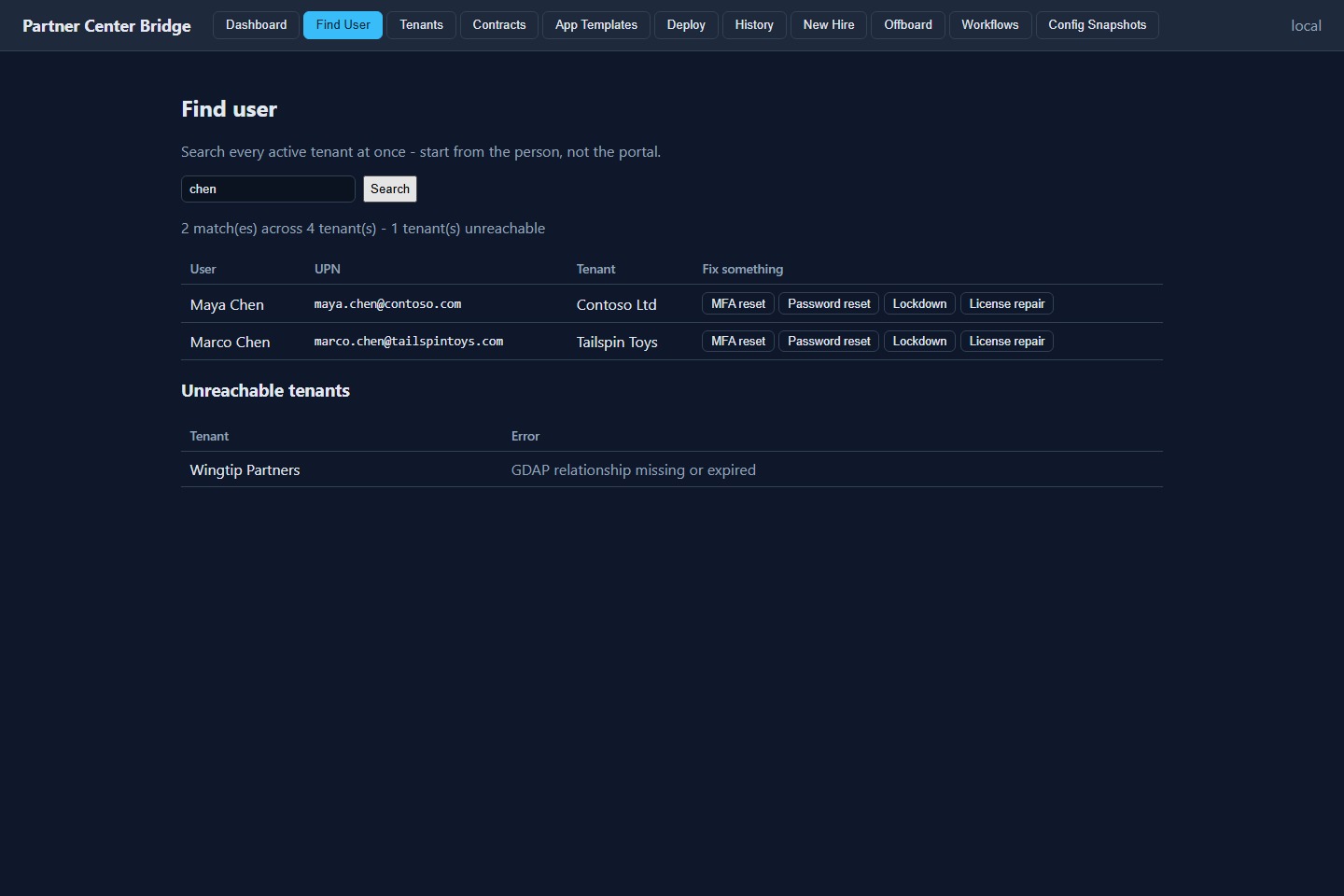 Find User screen showing matches across tenants with per-person fix buttons and an unreachable-tenant list.