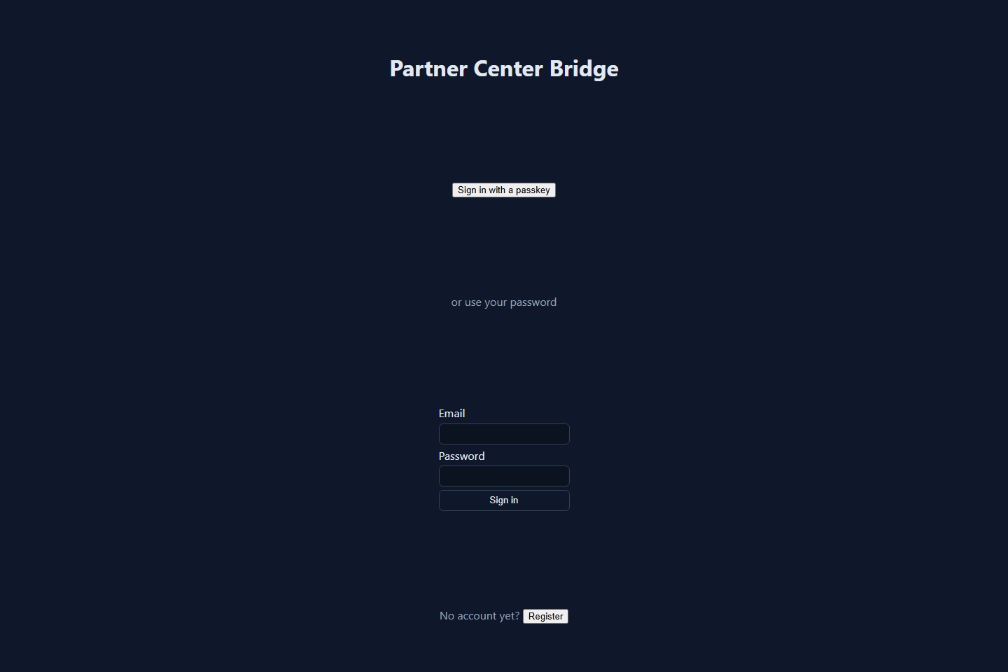 Login screen with a primary Sign in with a passkey button above a password fallback form.