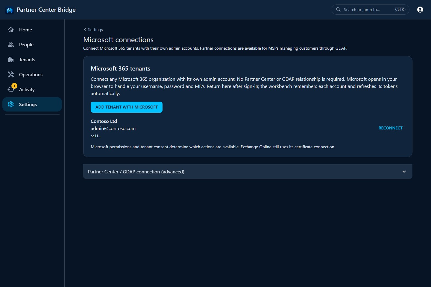 Microsoft connections with Add tenant with Microsoft and a remembered tenant admin account.