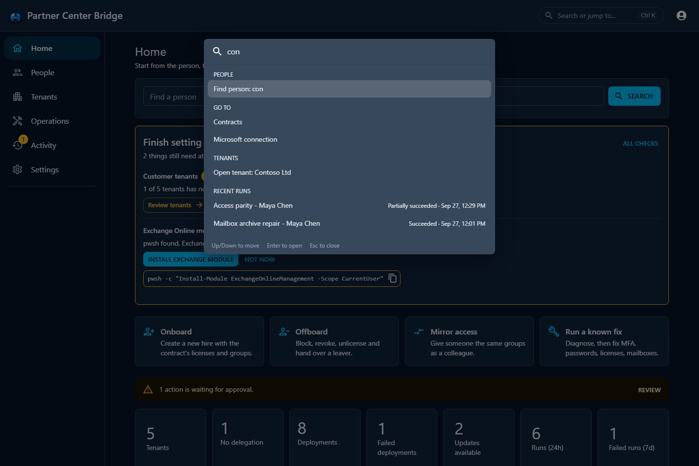 Command palette filtered to con, showing Find person, Contracts, Microsoft connection, a tenant and two recent runs.