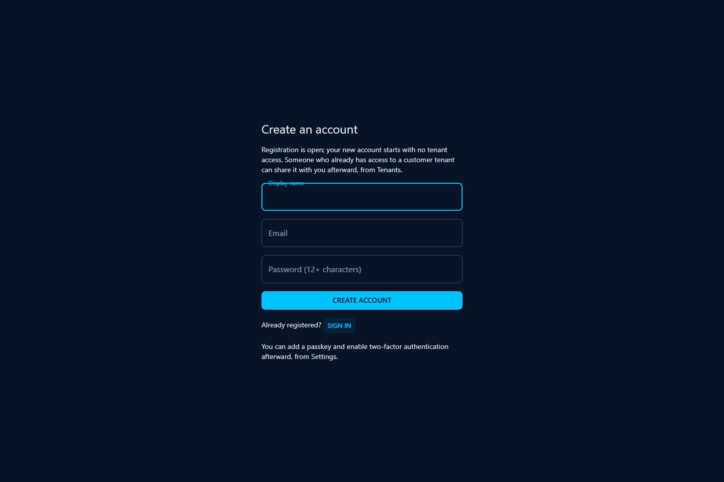Register screen: email, display name and password fields under a Create an account heading.