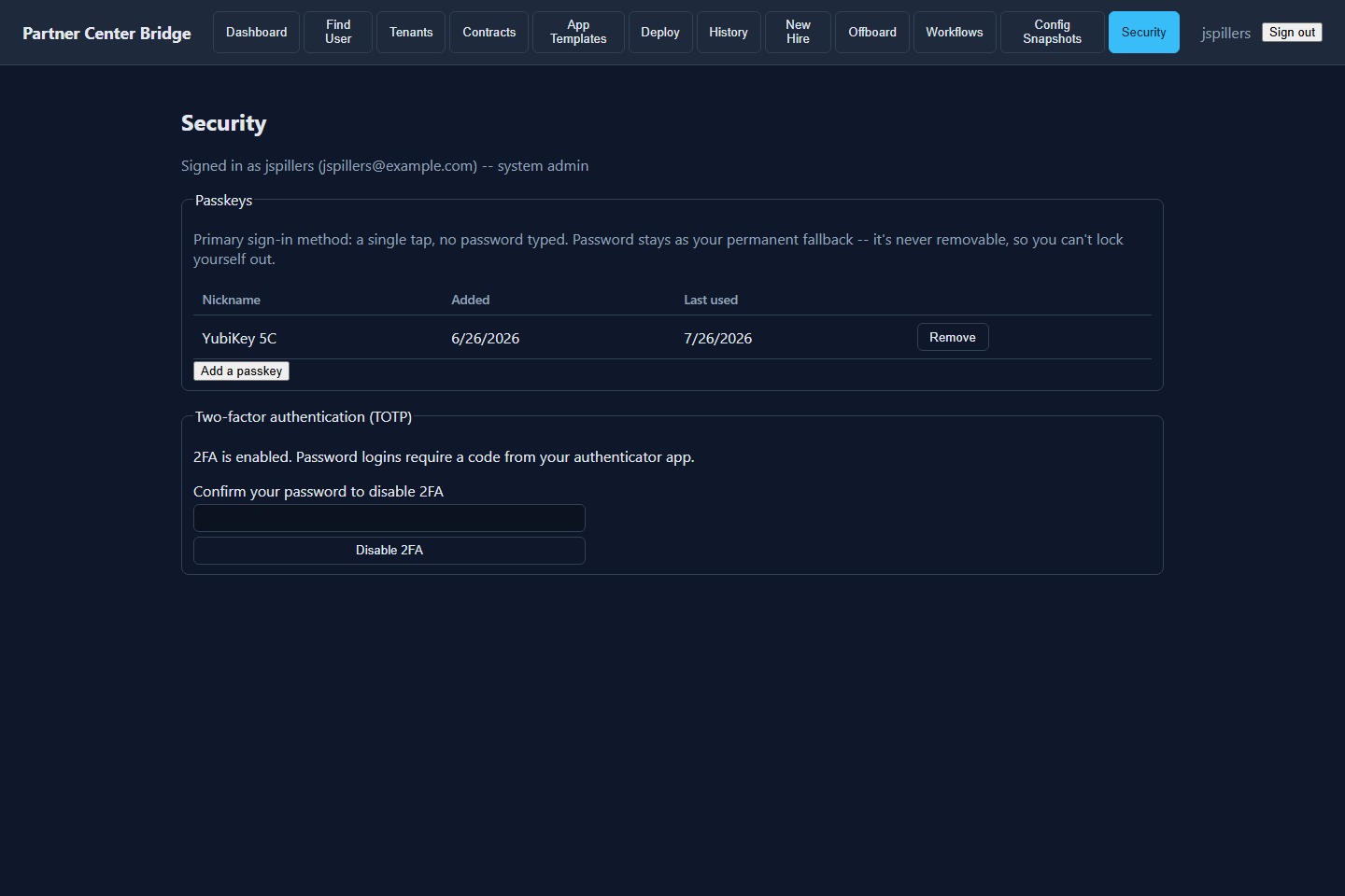 Security screen listing a registered passkey and showing TOTP enabled, with a disable-2FA password confirmation form.