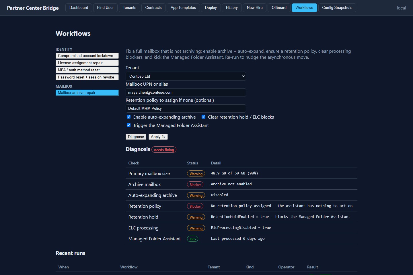 Workflows tab running the Mailbox archive repair diagnosis, showing a findings table with Warning and Blocker statuses.
