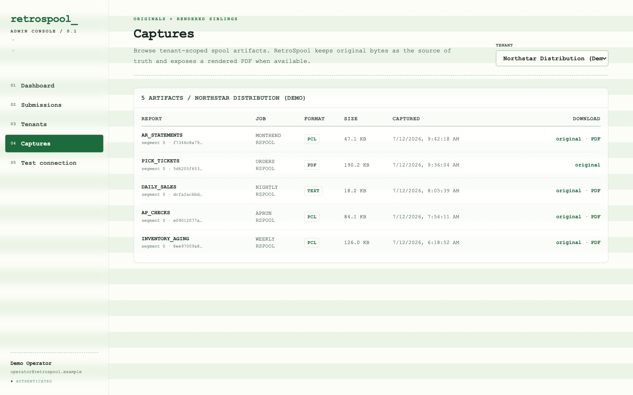 RetroSpool captures table listing report names, IBM i jobs, detected formats, sizes, capture times, and original or PDF download links.