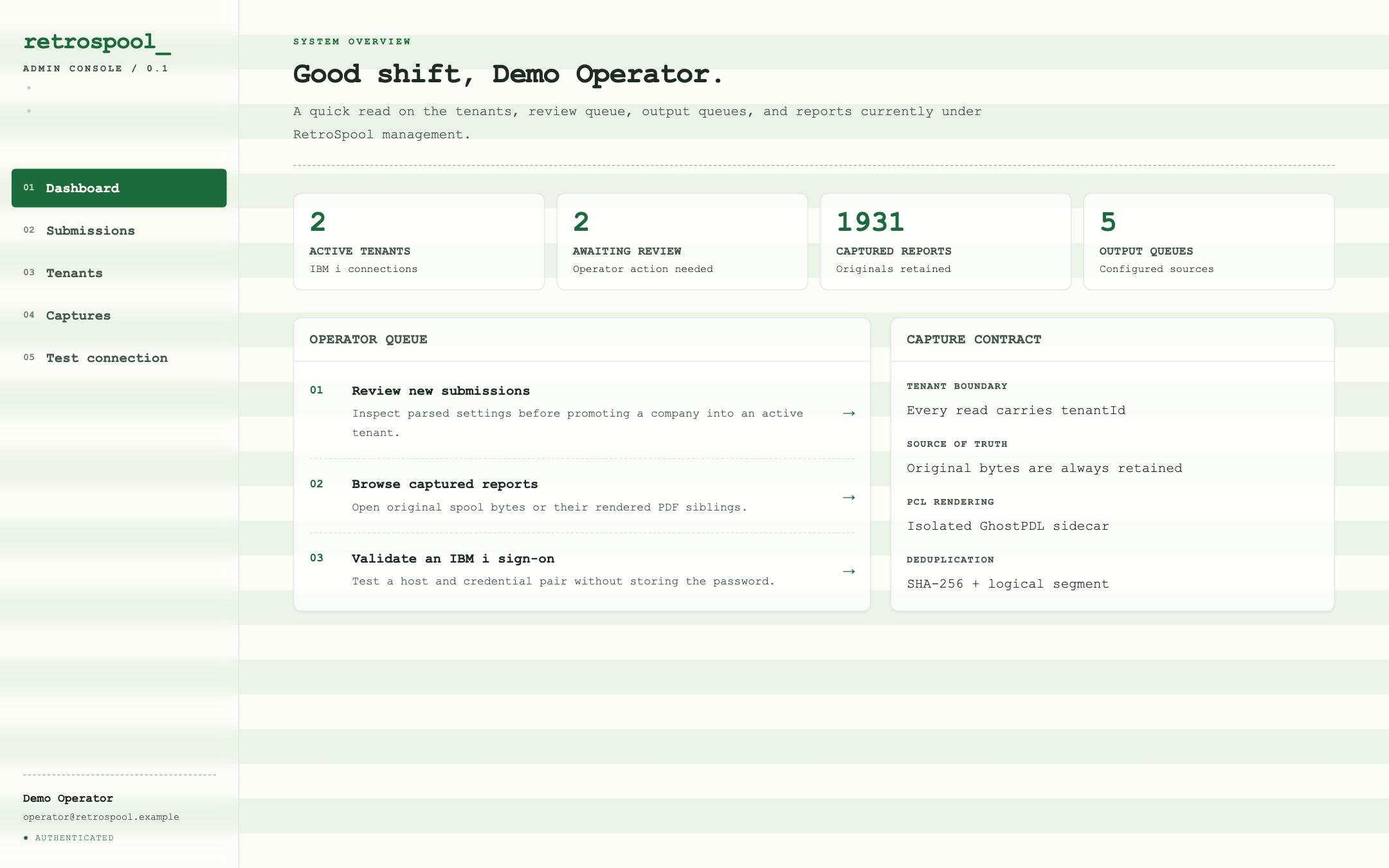 RetroSpool admin dashboard with a greenbar-inspired sidebar, tenant and capture totals, operator action queue, and capture contract.