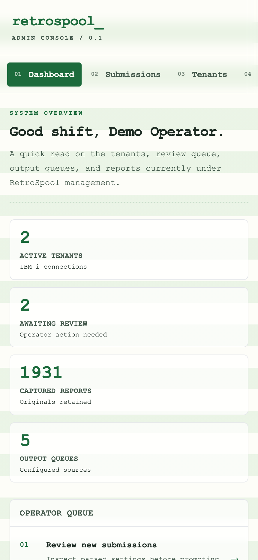 RetroSpool admin dashboard at mobile width with horizontally scrollable navigation and responsive greenbar-styled summary cards.