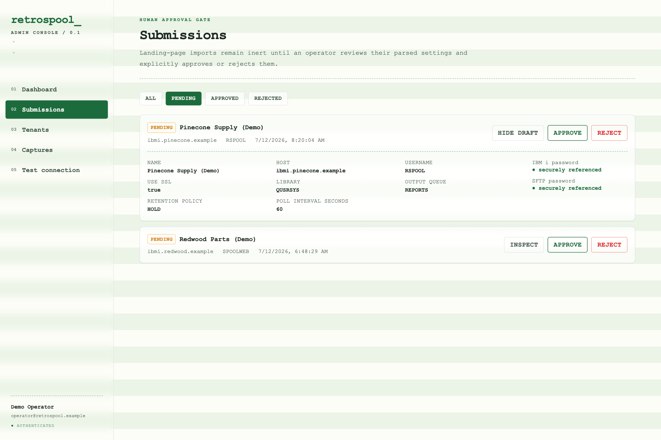 RetroSpool submissions review queue with an expanded pending company draft, write-only credential indicators, and explicit approve or reject actions.