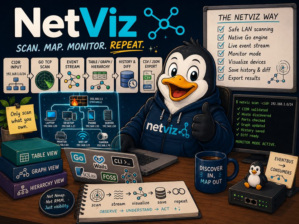 NetViz mascot artwork: a penguin at a desk with the NetViz scan-map-monitor workflow