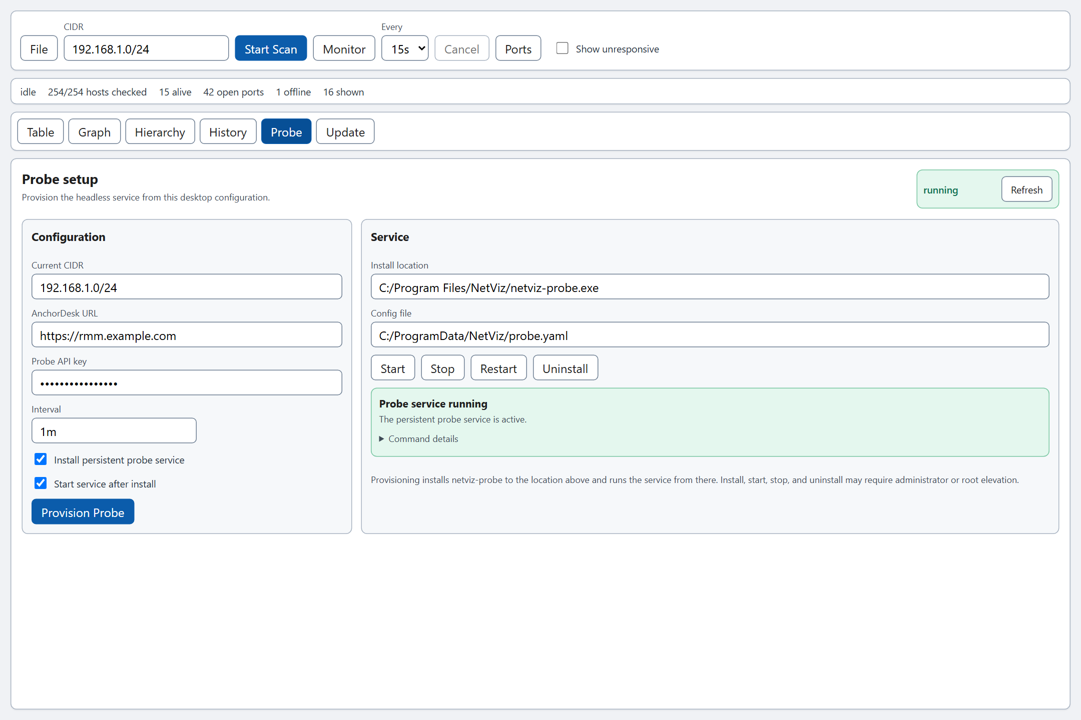 NetViz desktop Probe tab: configure the CIDR, AnchorDesk URL, key, and interval, then install, start, stop, or uninstall the persistent probe service